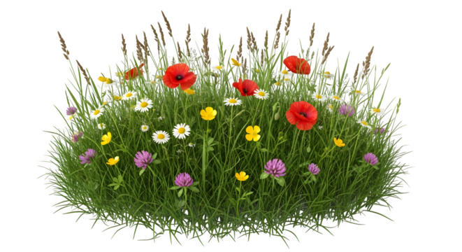 A vibrant patch of wildflowers including poppies, daisies, and clover, isolated on transparent background