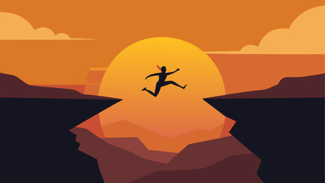 Silhouette jumping over cliff at sunset