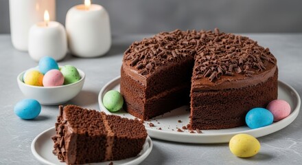 Chocolate Cake with Chocolate Shavings on a White Plate