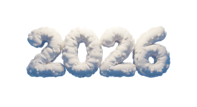 The year 2026 made of snow, isolated on transparent background - Powered by Adobe