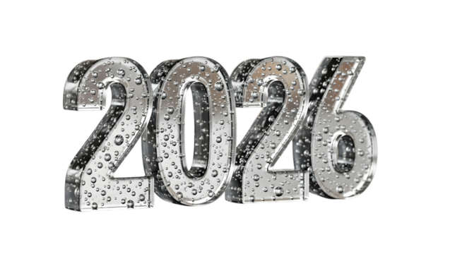 The year 2026 in metallic 3d font with water drops isolated on transparent background