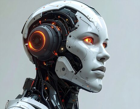 Futuristic cyborg head profile with glowing eyes and advanced technology