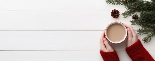 Female hands in red sweater holding a mug of warm coffee on white wooden background with fir branches and pine cones, creating a cozy winter concept