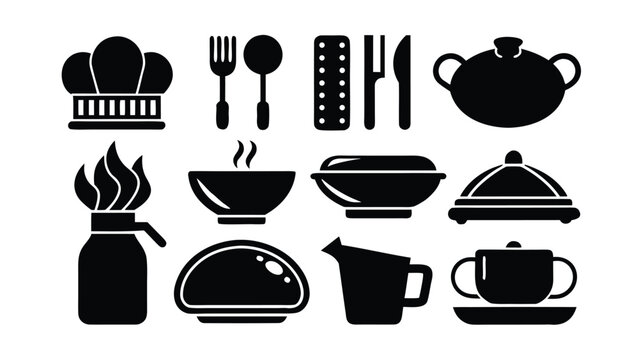 Black icons for culinary items and cooking on a white background food drink