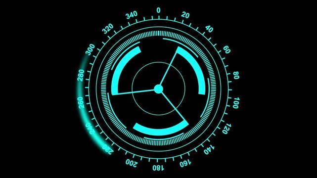 Cyan Digital Radar Display with Numerical Scale and Abstract Segments on animated Black technology interface. Futuristic cyan radar display with moving numerical indicators and abstract tech segments.