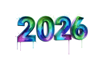 Colorful abstract numbers 2026 isolated on transparent background