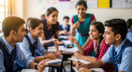 Fototapeta premium Engaged Indian students collaborating in vibrant classroom conversation