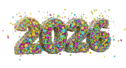 3d 2026 number made of confetti isolated on transparent background