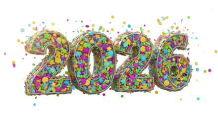 3d 2026 number made of confetti isolated on transparent background