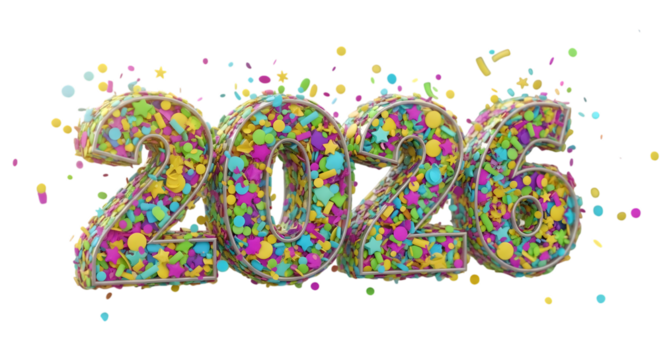 3d 2026 number made of confetti isolated on transparent background