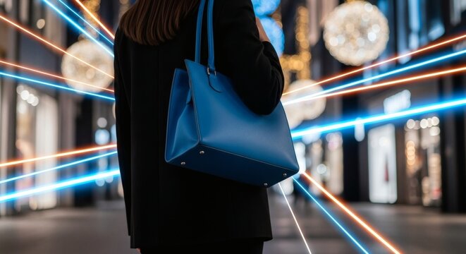 A stylish woman with a blue handbag experiences the future of retail with augmented reality and digital light trails - Powered by Adobe