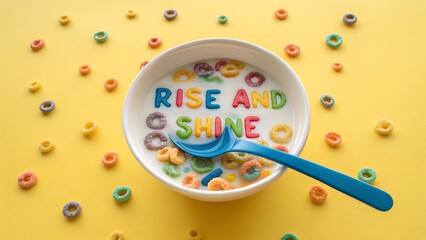 Rise and shine breakfast cereal bowl with colorful letters and spoon on yellow background, a cheerful start to the day with a playful message