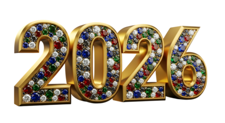 Golden 2026 text adorned with colorful gemstones isolated on transparent background