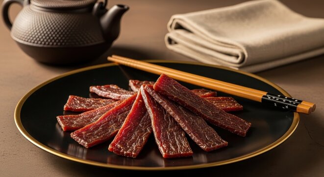 Close up of Beef Jerky with Chopsticks on a Plate
