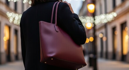 Stylish urban woman with elegant burgundy tote bag walks down a bustling city street adorned with festive lights, enjoying an evening stroll