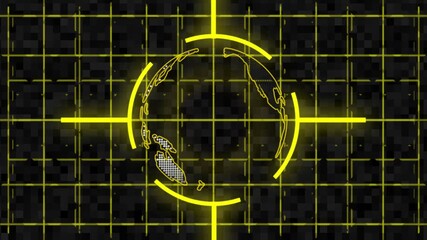 Yellow Digital Globe with Pix elated Continents and HUD Interface on Textured Grid earth world animated. High-tech yellow globe with pix elated continents and moving HUD elements on animated Earth - Powered by Adobe