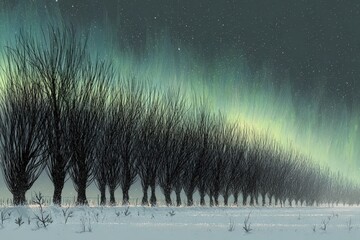 Row of silhouetted winter trees stands beneath a dramatic display of northern lights across the dark night sky