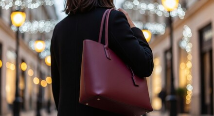 Woman carrying stylish red leather tote bag on city street with blurred lights Shopping concept