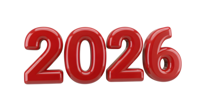 2026 numbers in shiny red isolated on transparent background