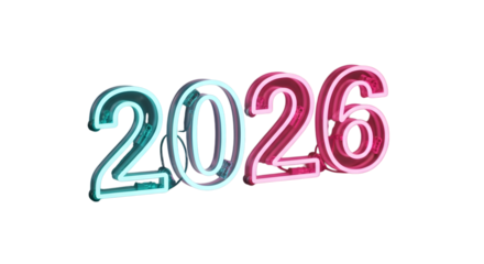 Neon 2026 numbers isolated on transparent background