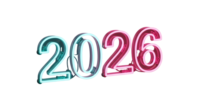 Neon 2026 numbers isolated on transparent background