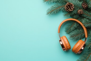 Wireless audio equipment rests beside evergreen branches and natural seed pods on a bright colored surface