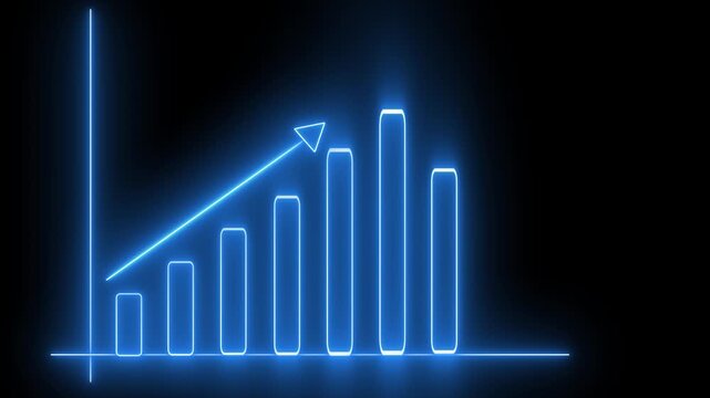 Neon Blue Bar Chart with Upward Arrow and Horizontal Axis on animation Black Background graph financial. Futuristic neon blue bar chart, upward arrow, horizontal axis overlay, animated financial data - Powered by Adobe
