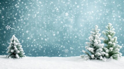 Small frosted pine trees in a beautiful snowy landscape with falling snowflakes against a soft blue background, providing ample copy space