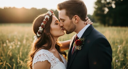A loving couple sharing a kiss at their wedding