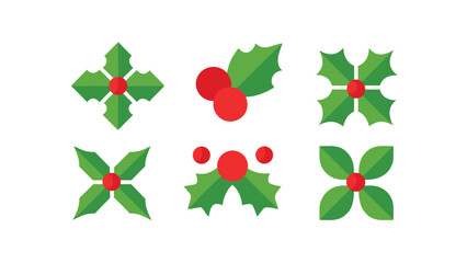 Six Flat Design Holly Berry Icons with Red Berries and Green Leaves christmas holiday