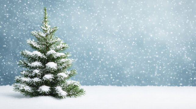 Evergreen fir tree standing in a snowy winter landscape with a blue background, offering copy space for greetings or text