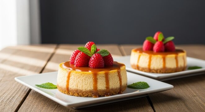 Delicious cheesecake with fresh raspberries and caramel sauce on a plate - Powered by Adobe