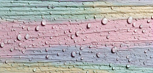 Close up of pastel colored wooden planks with water droplets after rain