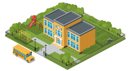 Isometric vector illustration of a modern school building with a yellow school bus and a playground for children's education and learning b