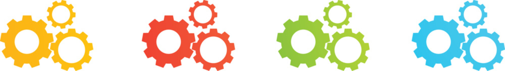 A set of four colorful flat design gear icons in yellow, red, green, and blue, symbolizing mechanics, settings, collaboration, and processes, perfect for user interfaces, infographics, and designs .
