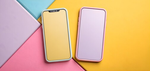 Two modern smartphones with colorful cases lying on a vibrant pastel background