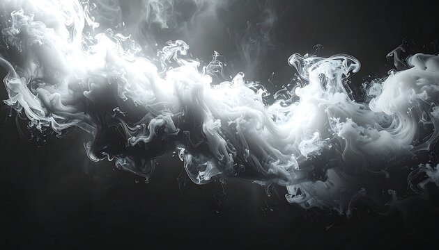 A grayscale image features flowing, abstract smoke or vapor against a dark backdrop. The wispy substance swirls creating ethereal forms