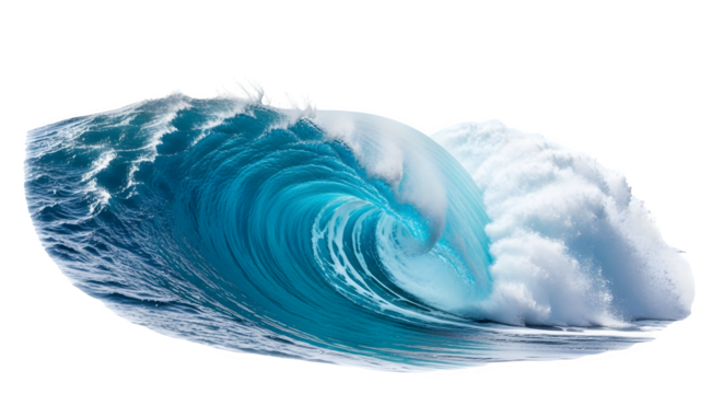 A powerful ocean wave crashes and curls, showcasing the raw energy of the sea isolated on transparent background