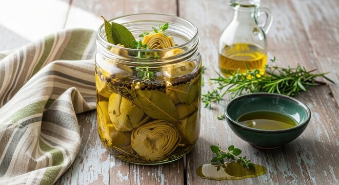 Pickled Artichokes in a Glass Jar with Herbs and Olive Oil