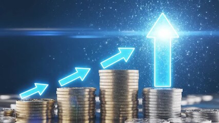 The image shows several stacks of coins arranged in a row. The height of the stacks increases from left to right.
There are blue glowing arrows above the stacks, indicating height. - Powered by Adobe