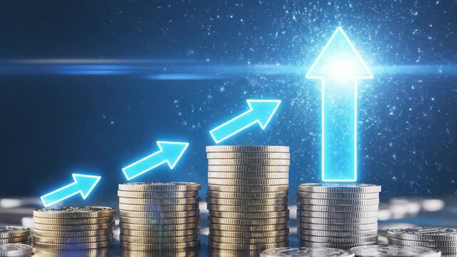 The image shows several stacks of coins arranged in a row. The height of the stacks increases from left to right.
There are blue glowing arrows above the stacks, indicating height.