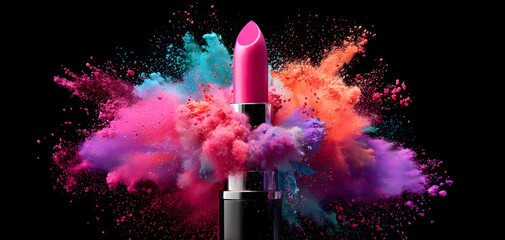 Vibrant pink lipstick exploding with colorful powder clouds against a dark background