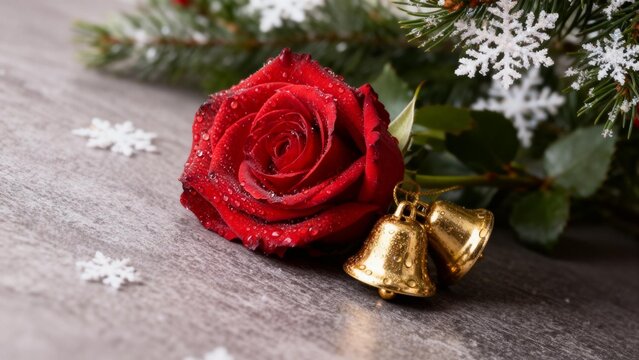 Christmas rose with golden bells and snowflakes on green background