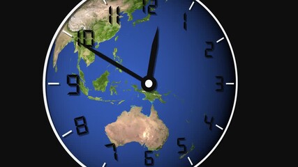 Clock face with Earth as the animation background showing North and Central America and Pacific Ocean. Digital clock face with Earth globe animation, North and Central America, Pacific Ocean visible, - Powered by Adobe
