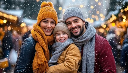 Happy family bundled in winter attire enjoys snowfall at an outdoor festive market