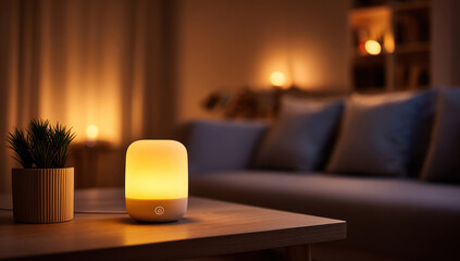 Glowing bedside lamp illuminates a cozy living room at night, creating a warm and inviting atmosphere with soft lighting and comfortable furniture.