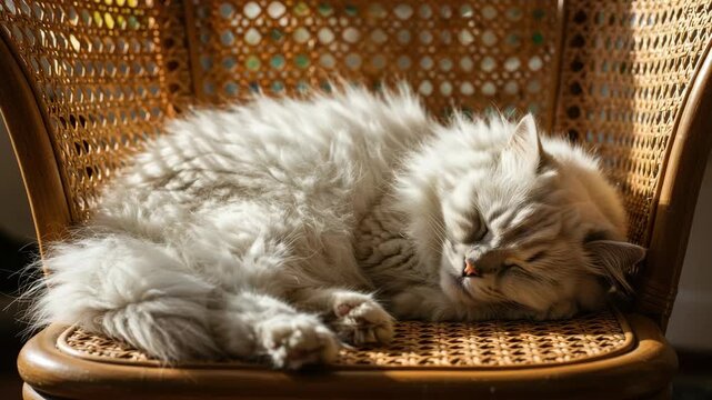 Cat relaxing on a wicker chair in sunlight