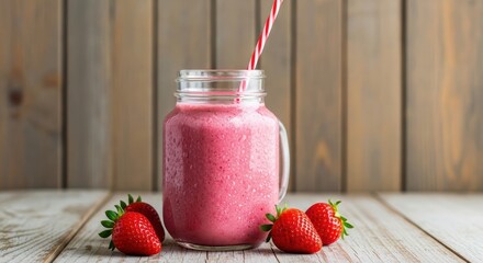 Strawberry Smoothie in Mason Jar with Straw and Fresh Berries