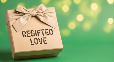 Gift with Recycled Paper Bow and Regifted Love Text on the box. Green Background