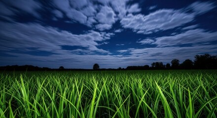 A vibrant field of green grass under a dark blue cloudy night sky